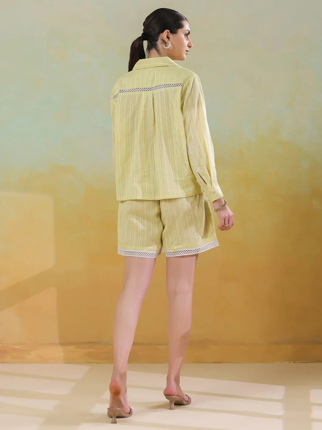 Yellow Shirt Collar Pure Cotton Co-ords Set for Women - SanskrutiHomes