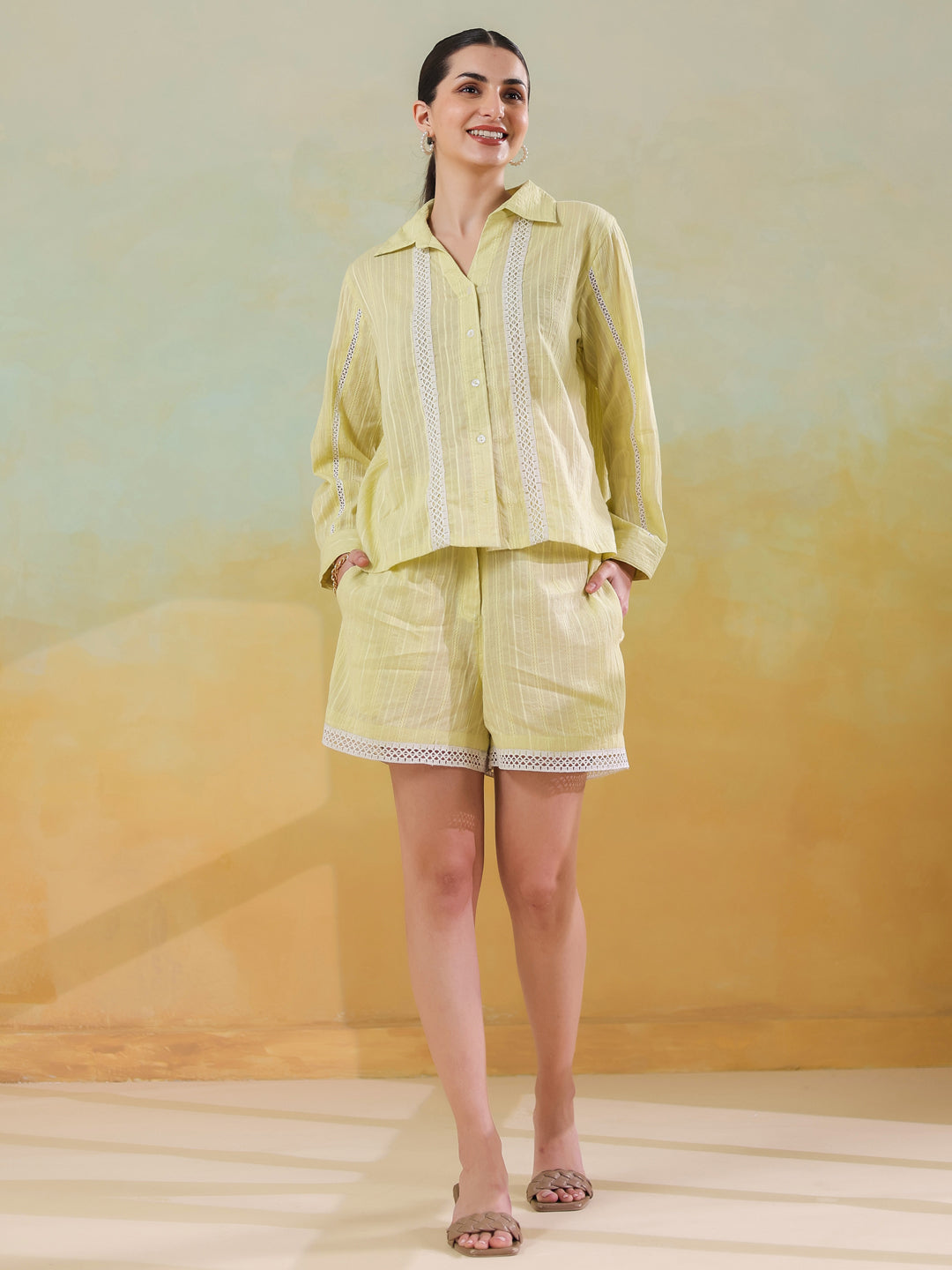 Yellow Shirt Collar Pure Cotton Co-ords Set for Women