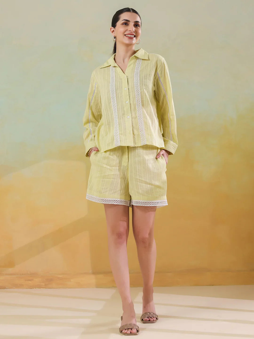 Yellow Shirt Collar Pure Cotton Co-ords Set for Women - SanskrutiHomes