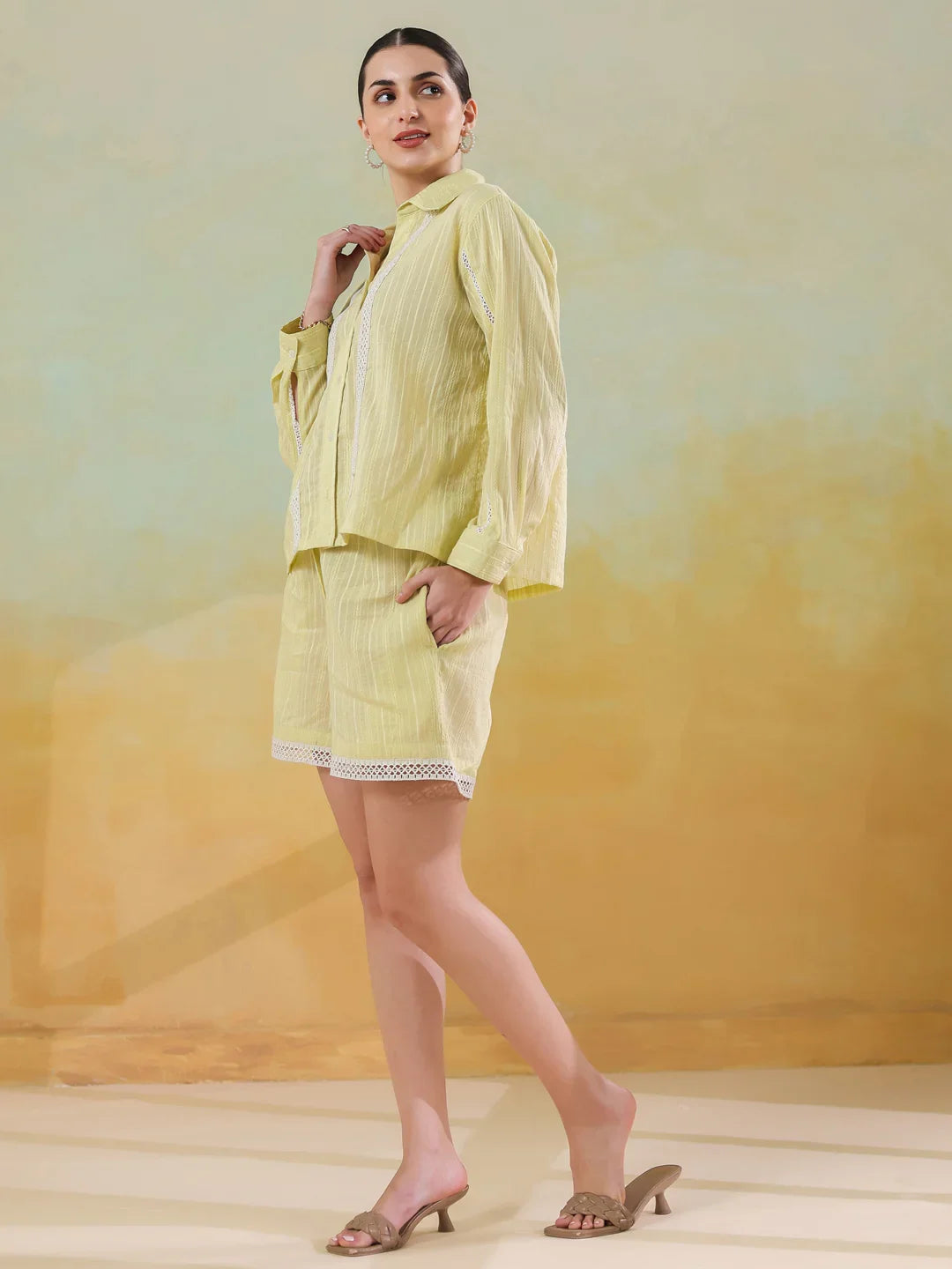 Yellow Shirt Collar Pure Cotton Co-ords Set for Women - SanskrutiHomes