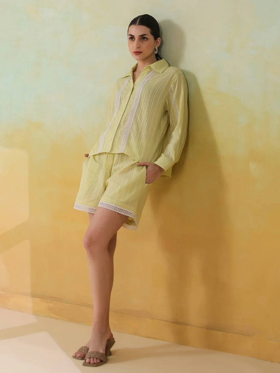 Yellow Shirt Collar Pure Cotton Co-ords Set for Women - SanskrutiHomes