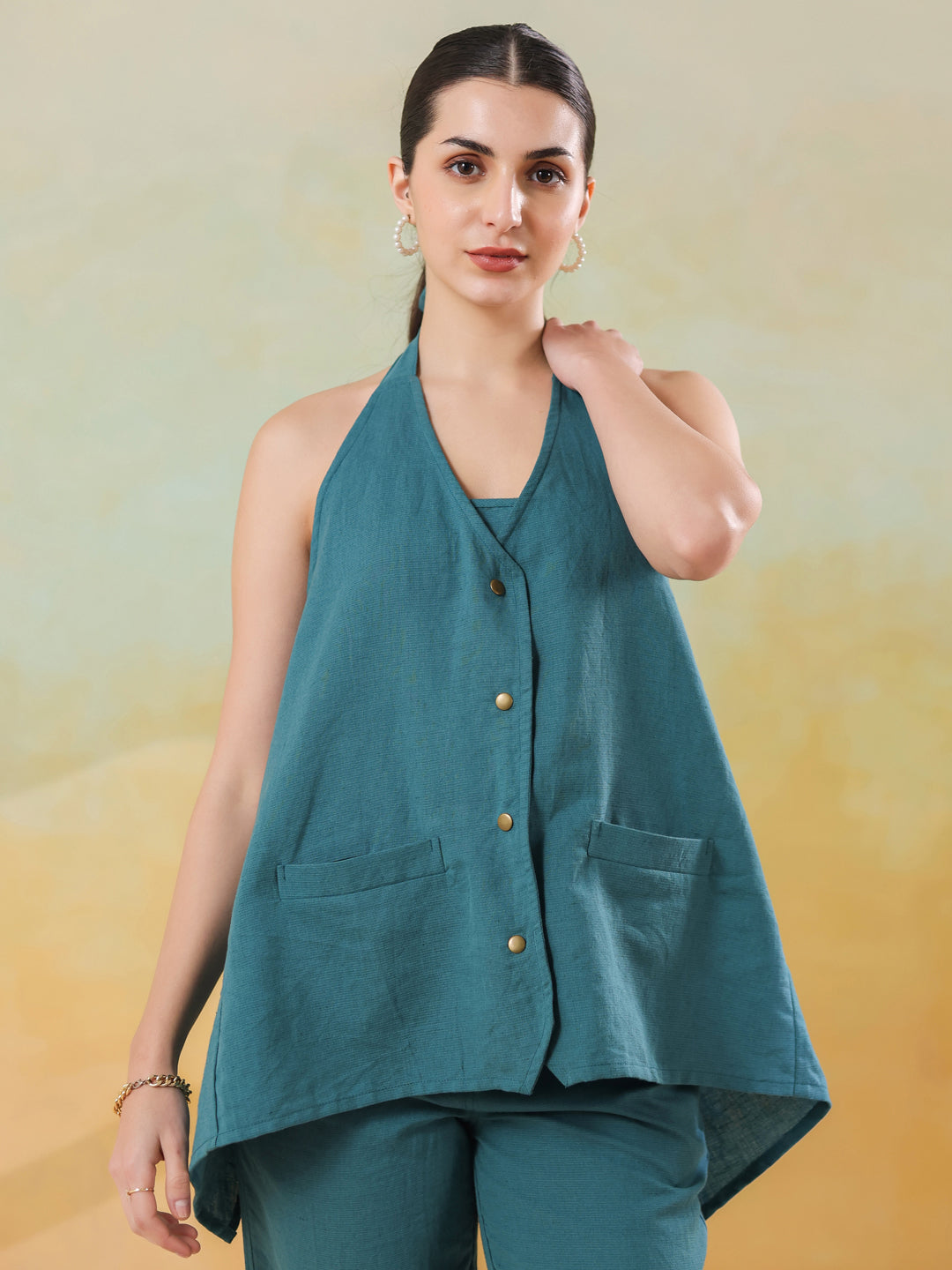 Green Solid V-Neck Linen Co-Ord Set For Women