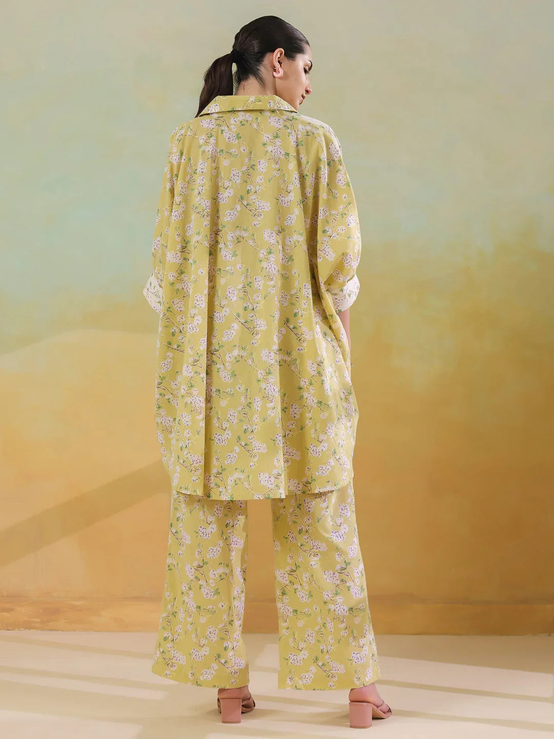 Lime Green Shirt Collar Pure Cotton Co-ords Set for Women - SanskrutiHomes
