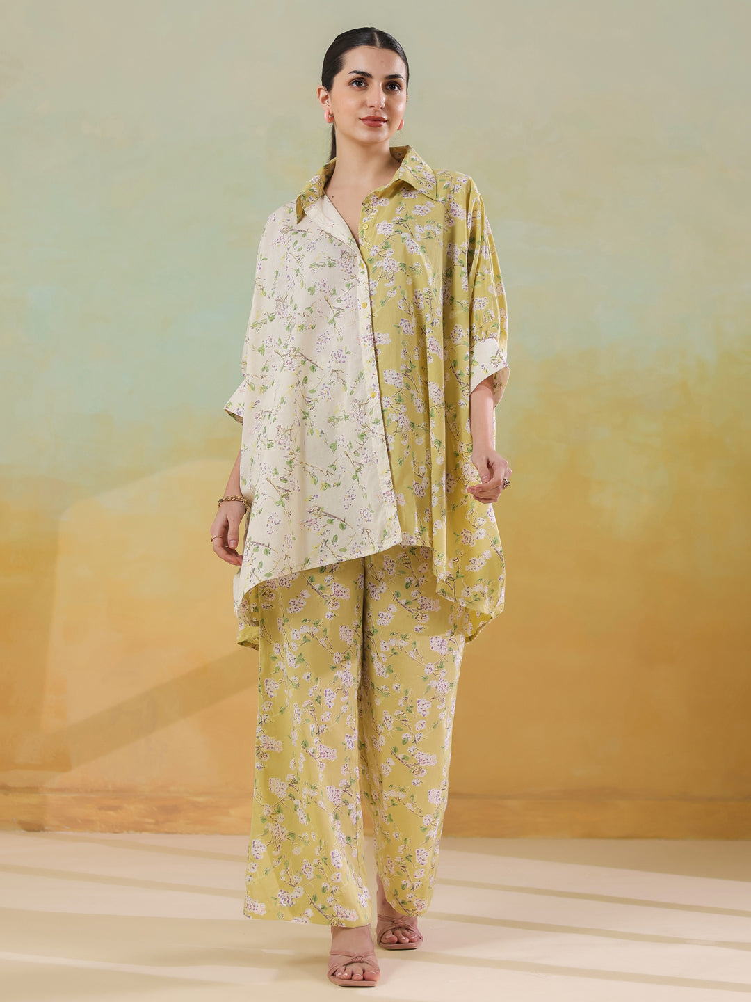 Lime Green Shirt Collar Pure Cotton Co-ords Set for Women