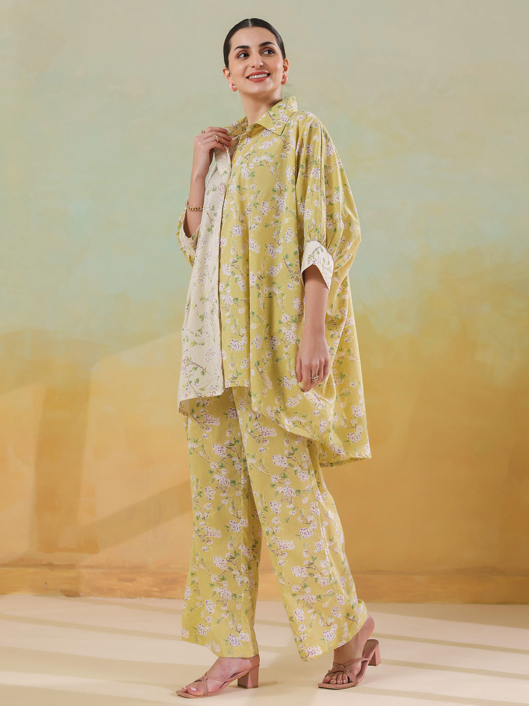 Lime Green Shirt Collar Pure Cotton Co-ords Set for Women