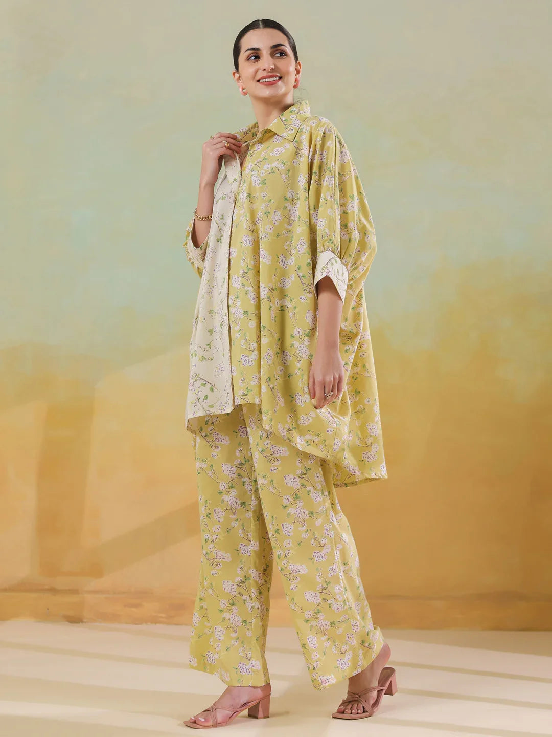 Lime Green Shirt Collar Pure Cotton Co-ords Set for Women - SanskrutiHomes