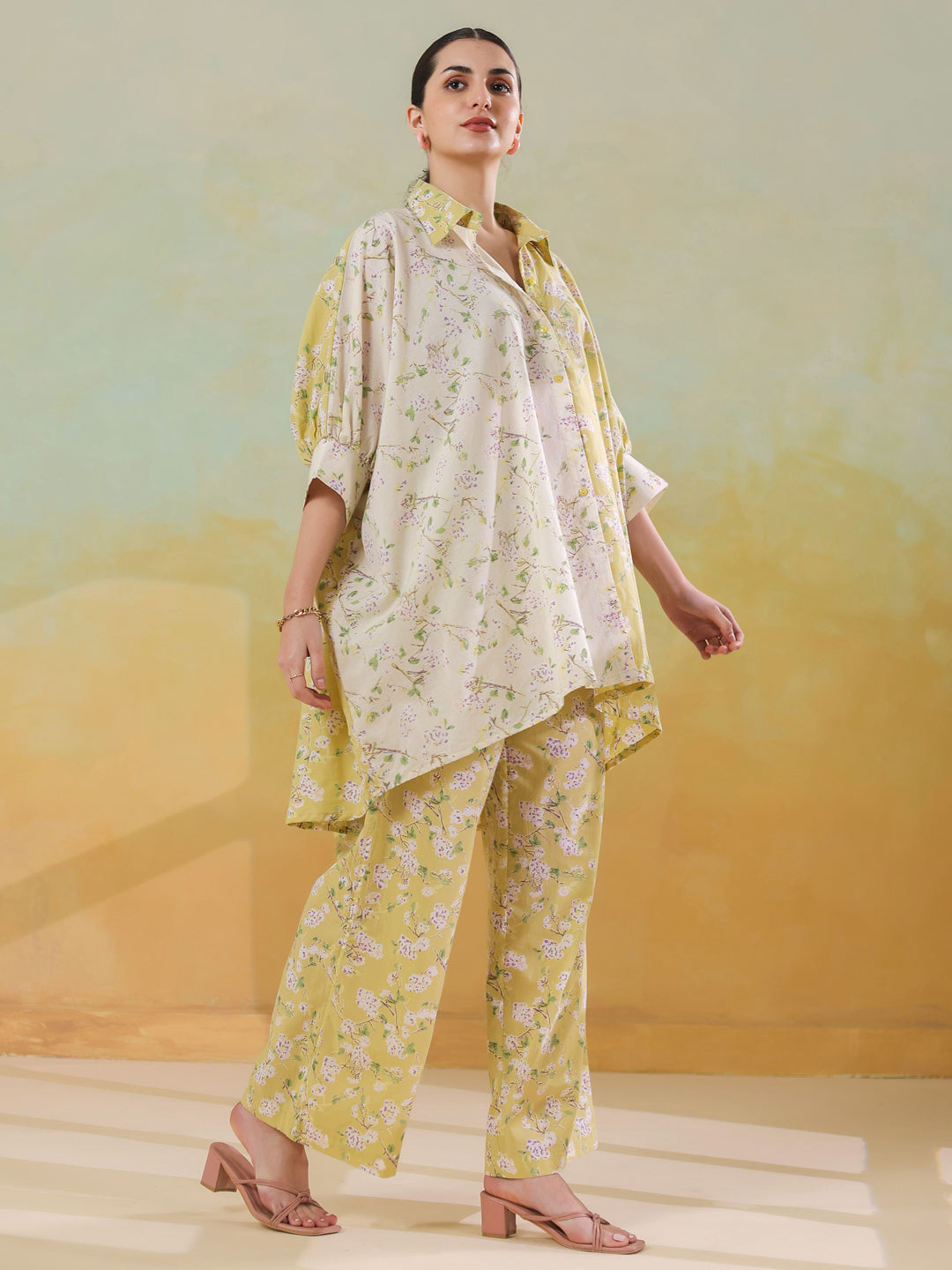 Lime Green Shirt Collar Pure Cotton Co-ords Set for Women