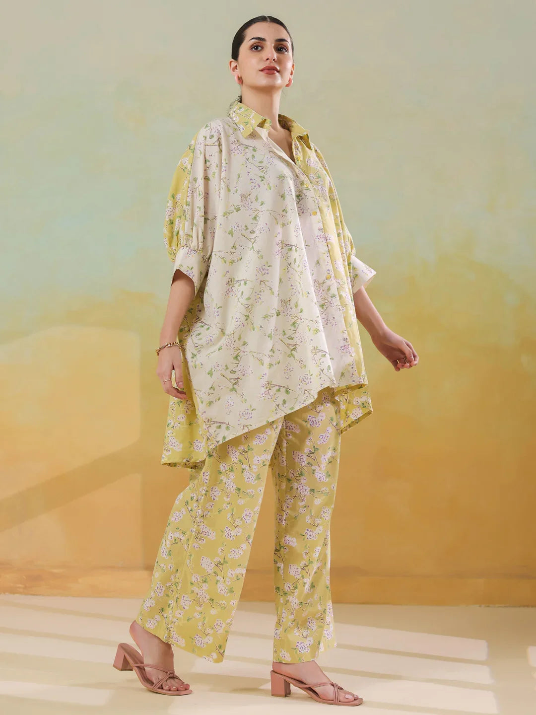 Lime Green Shirt Collar Pure Cotton Co-ords Set for Women - SanskrutiHomes