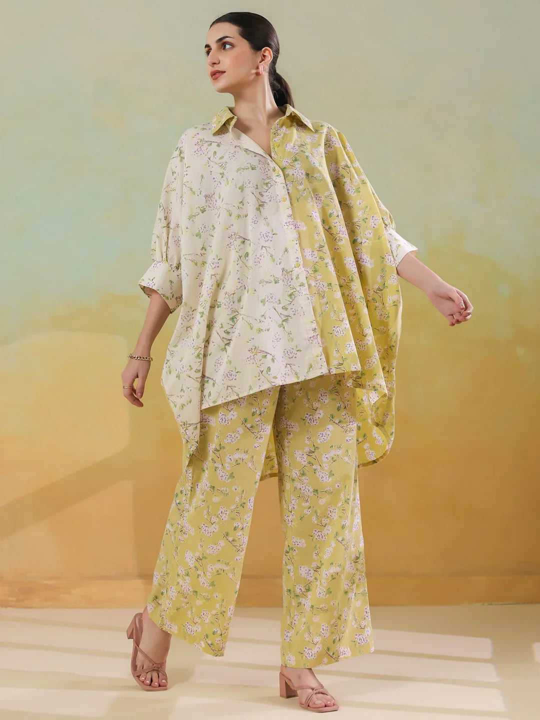 Lime Green Shirt Collar Pure Cotton Co-ords Set for Women - SanskrutiHomes