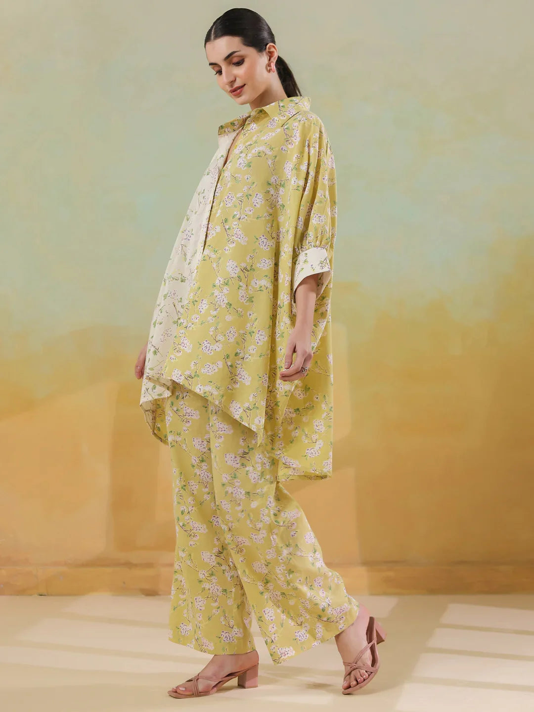 Lime Green Shirt Collar Pure Cotton Co-ords Set for Women - SanskrutiHomes
