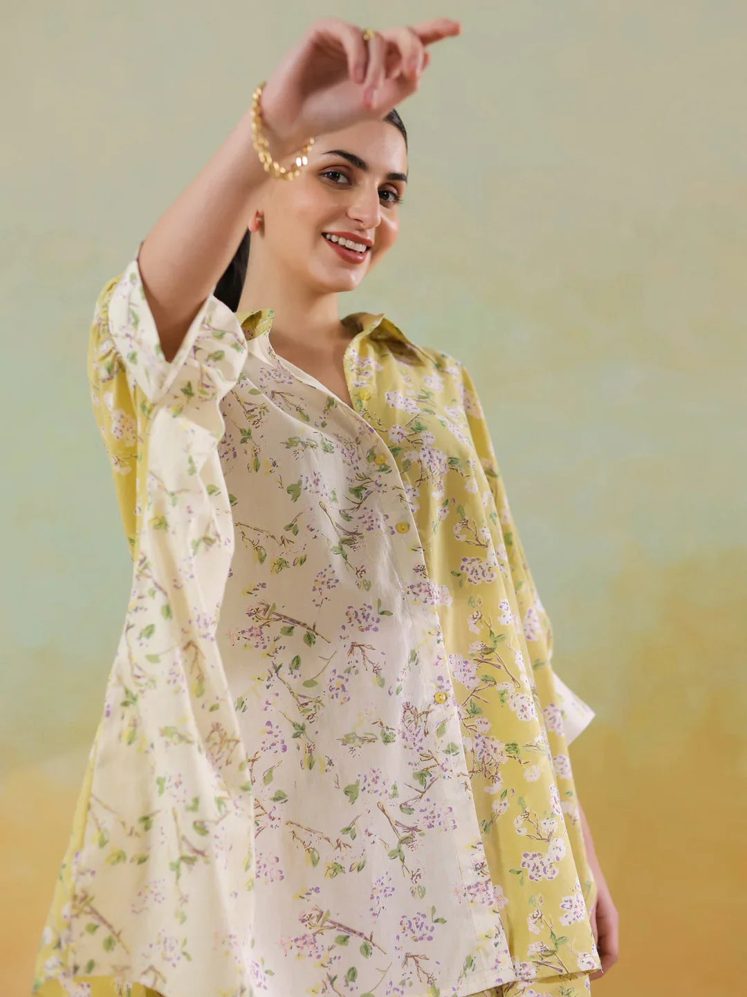 Lime Green Shirt Collar Pure Cotton Co-ords Set for Women - SanskrutiHomes