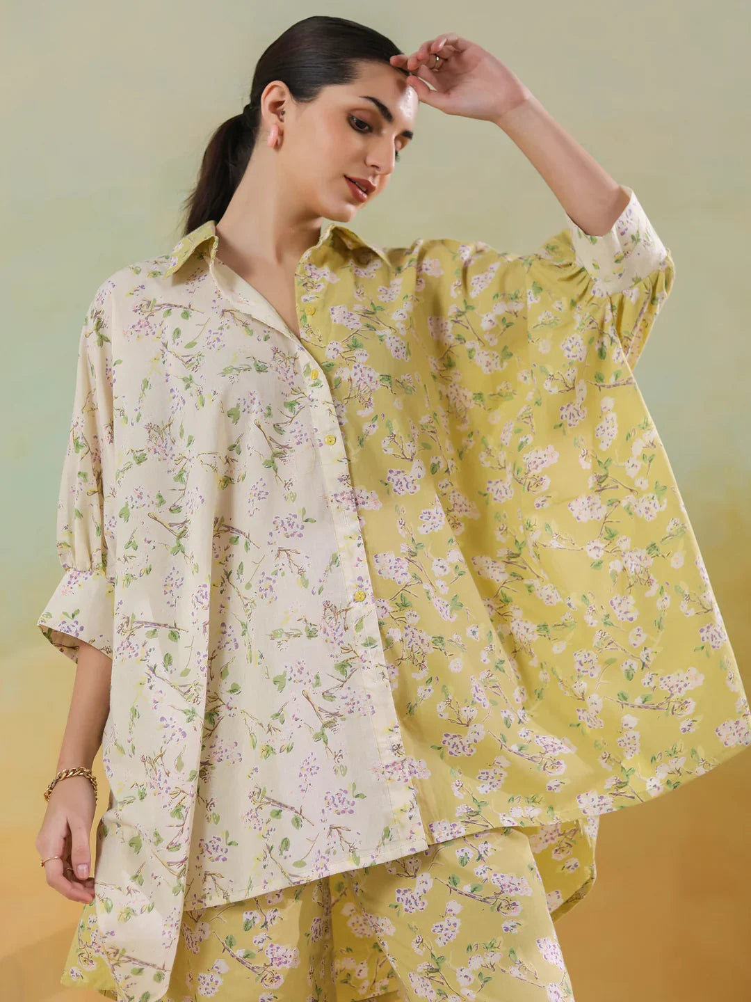 Lime Green Shirt Collar Pure Cotton Co-ords Set for Women - SanskrutiHomes