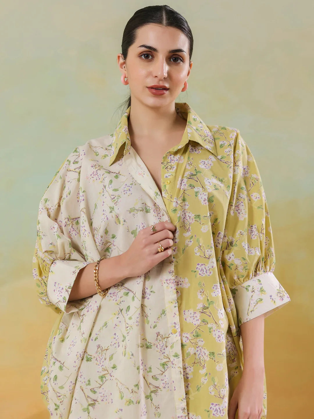 Lime Green Shirt Collar Pure Cotton Co-ords Set for Women - SanskrutiHomes