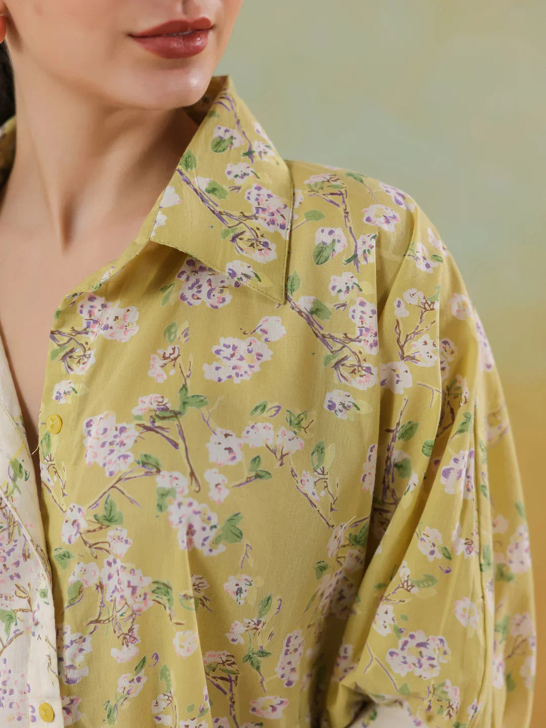 Lime Green Shirt Collar Pure Cotton Co-ords Set for Women - SanskrutiHomes