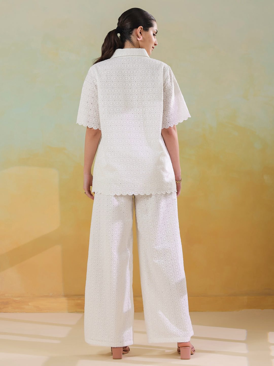 White Color Shirt Collar Pure Cotton Co-ords Set for Women