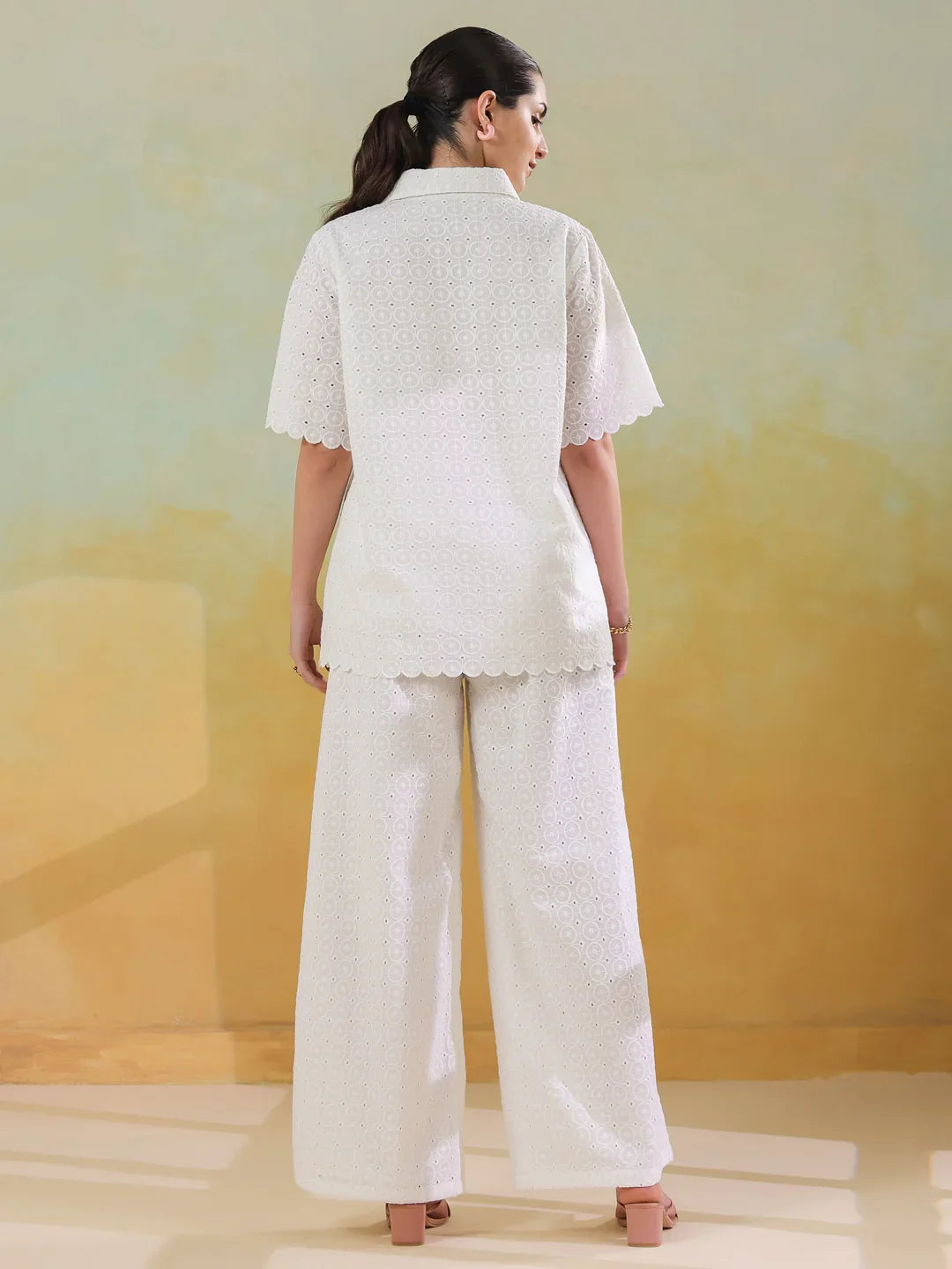 White Color Shirt Collar Pure Cotton Co-ords Set for Women - SanskrutiHomes