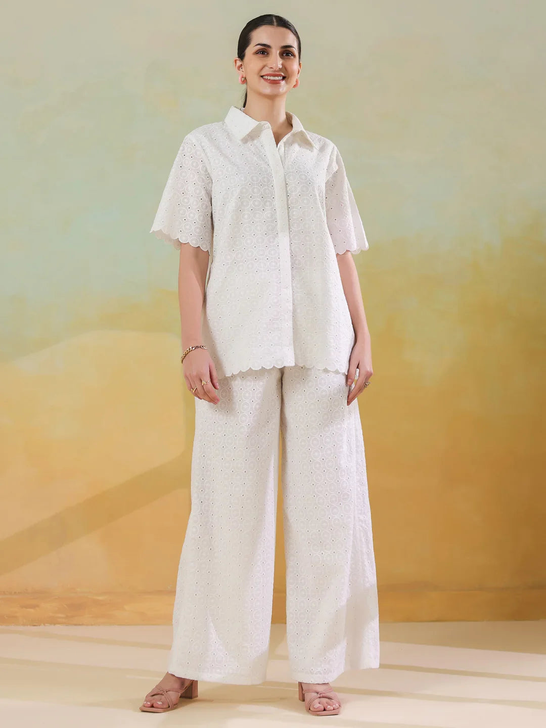 White Color Shirt Collar Pure Cotton Co-ords Set for Women - SanskrutiHomes