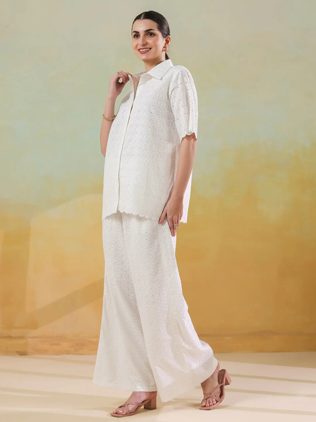 White Color Shirt Collar Pure Cotton Co-ords Set for Women - SanskrutiHomes
