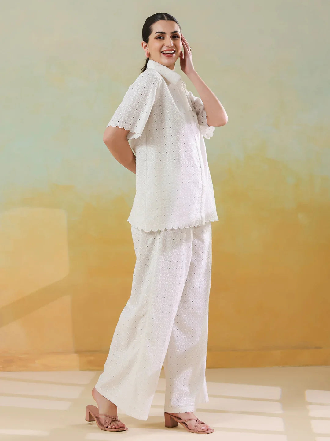 White Color Shirt Collar Pure Cotton Co-ords Set for Women - SanskrutiHomes