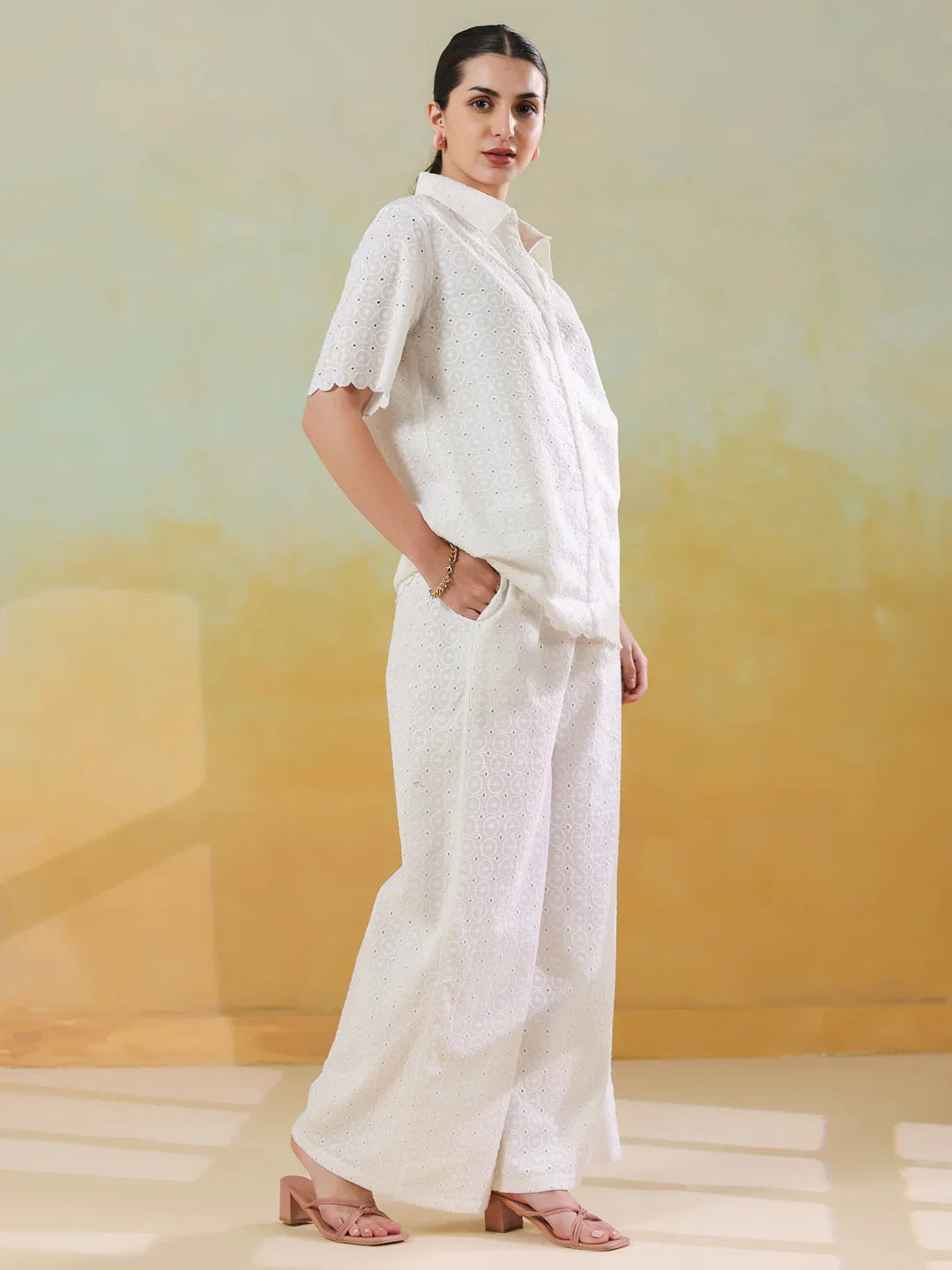 White Color Shirt Collar Pure Cotton Co-ords Set for Women - SanskrutiHomes