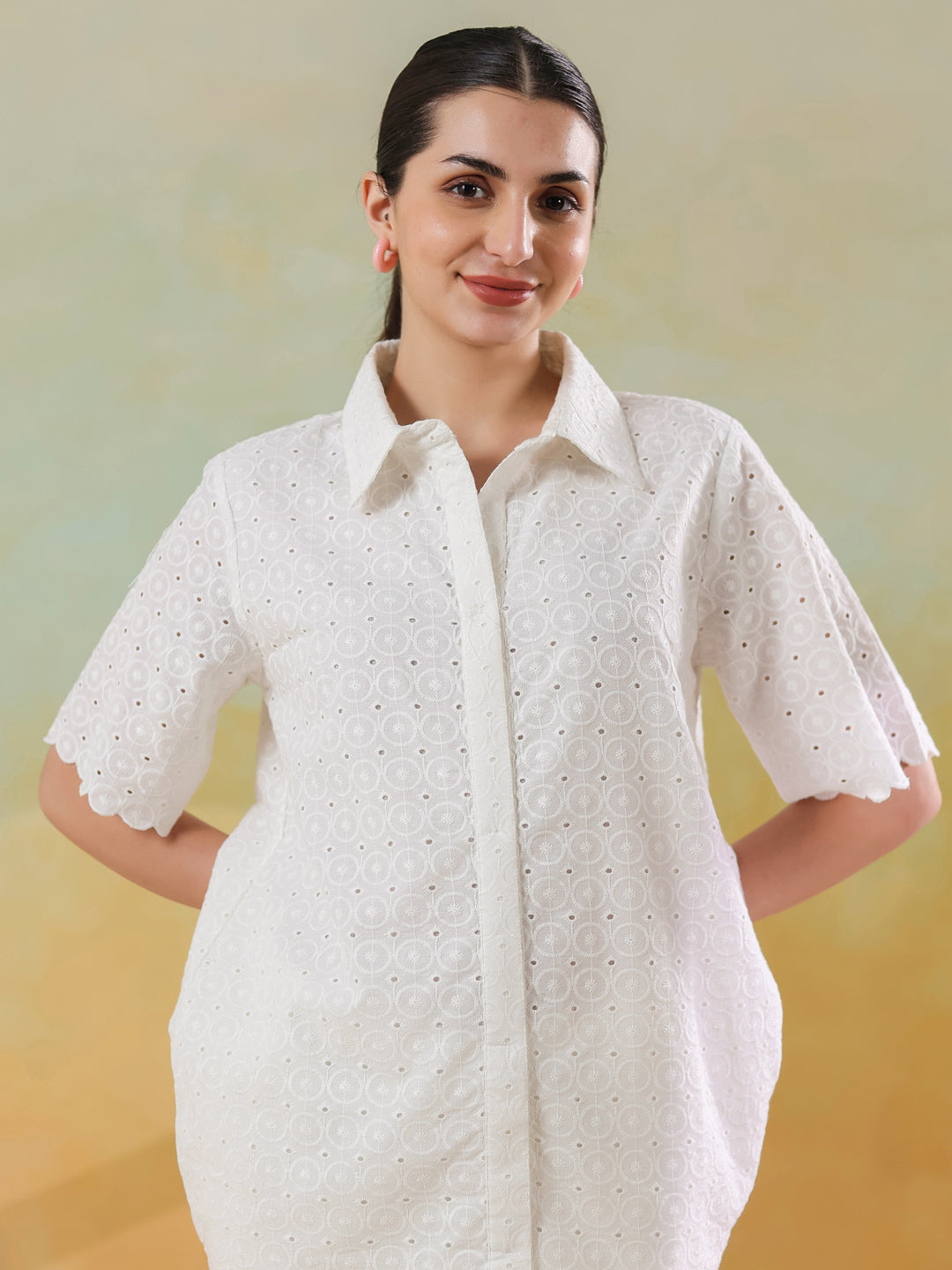 White Color Shirt Collar Pure Cotton Co-ords Set for Women