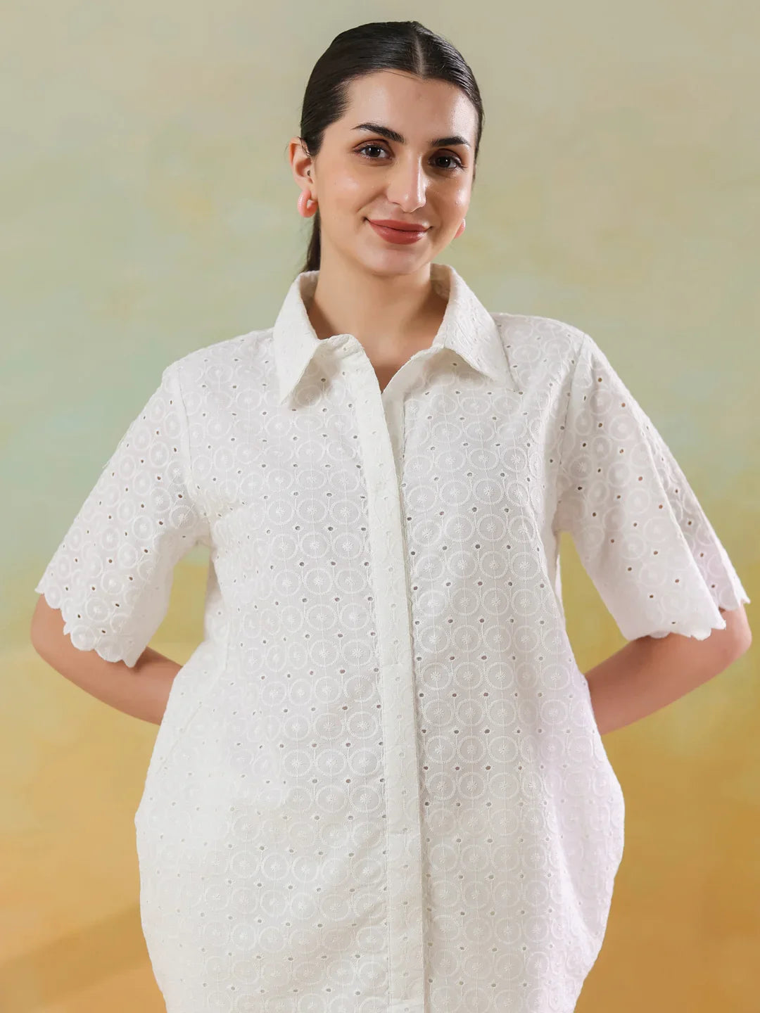 White Color Shirt Collar Pure Cotton Co-ords Set for Women - SanskrutiHomes