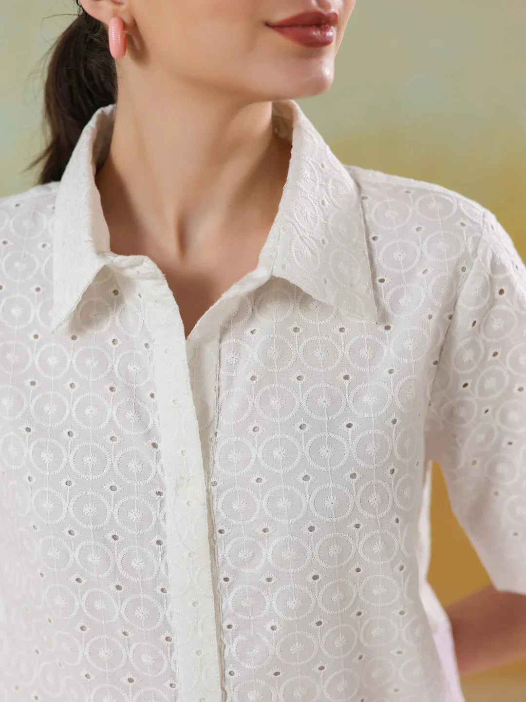 White Color Shirt Collar Pure Cotton Co-ords Set for Women - SanskrutiHomes