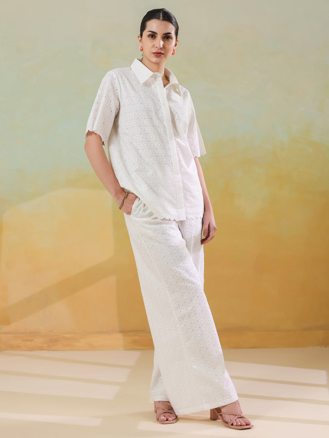 White Color Shirt Collar Pure Cotton Co-ords Set for Women