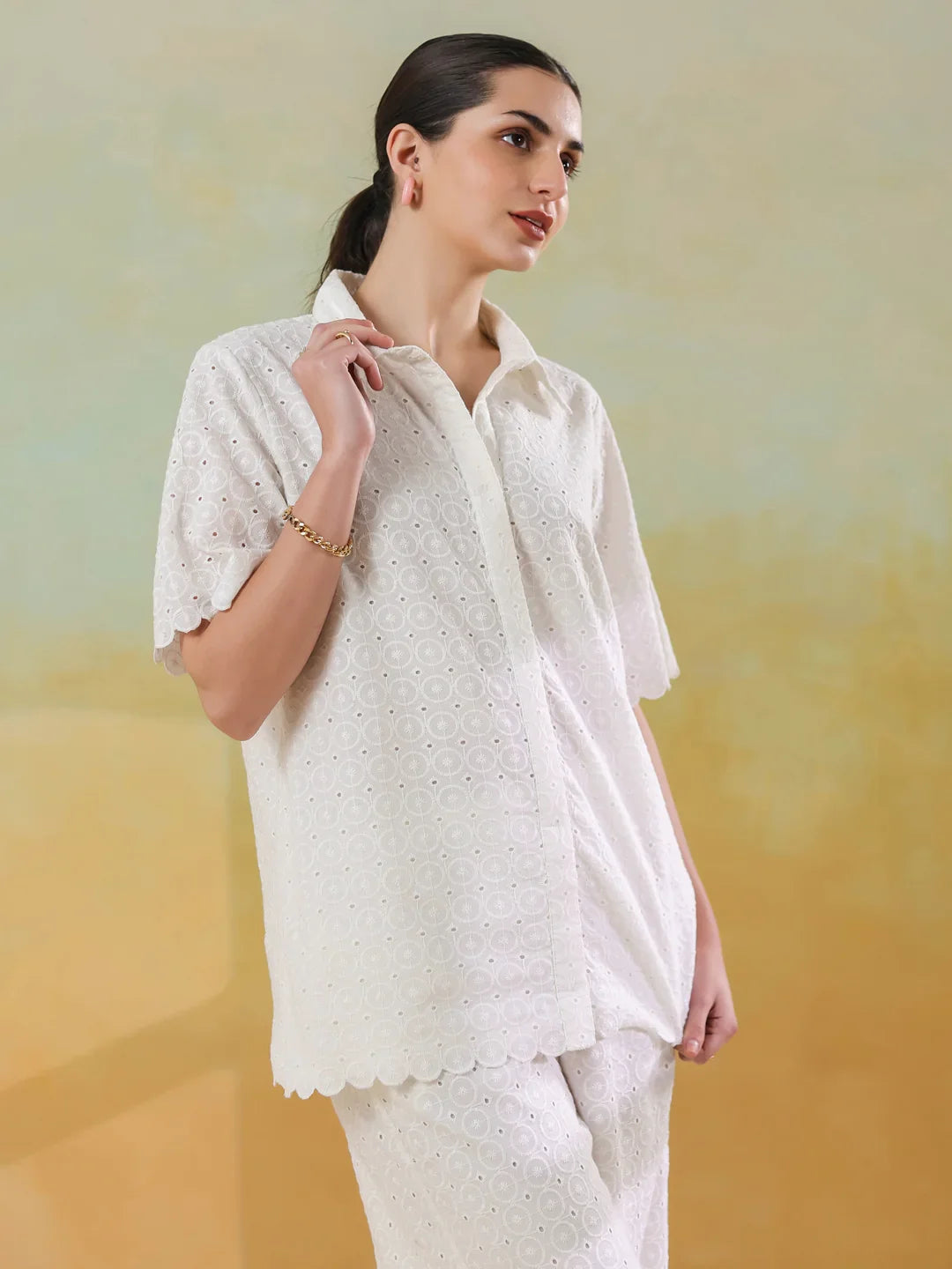 White Color Shirt Collar Pure Cotton Co-ords Set for Women - SanskrutiHomes