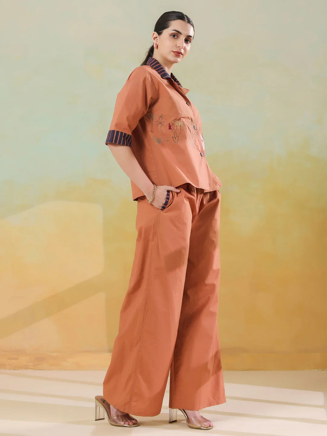 Brown Polyester Shirt Collar Co-Ord Set For Women - SanskrutiHomes