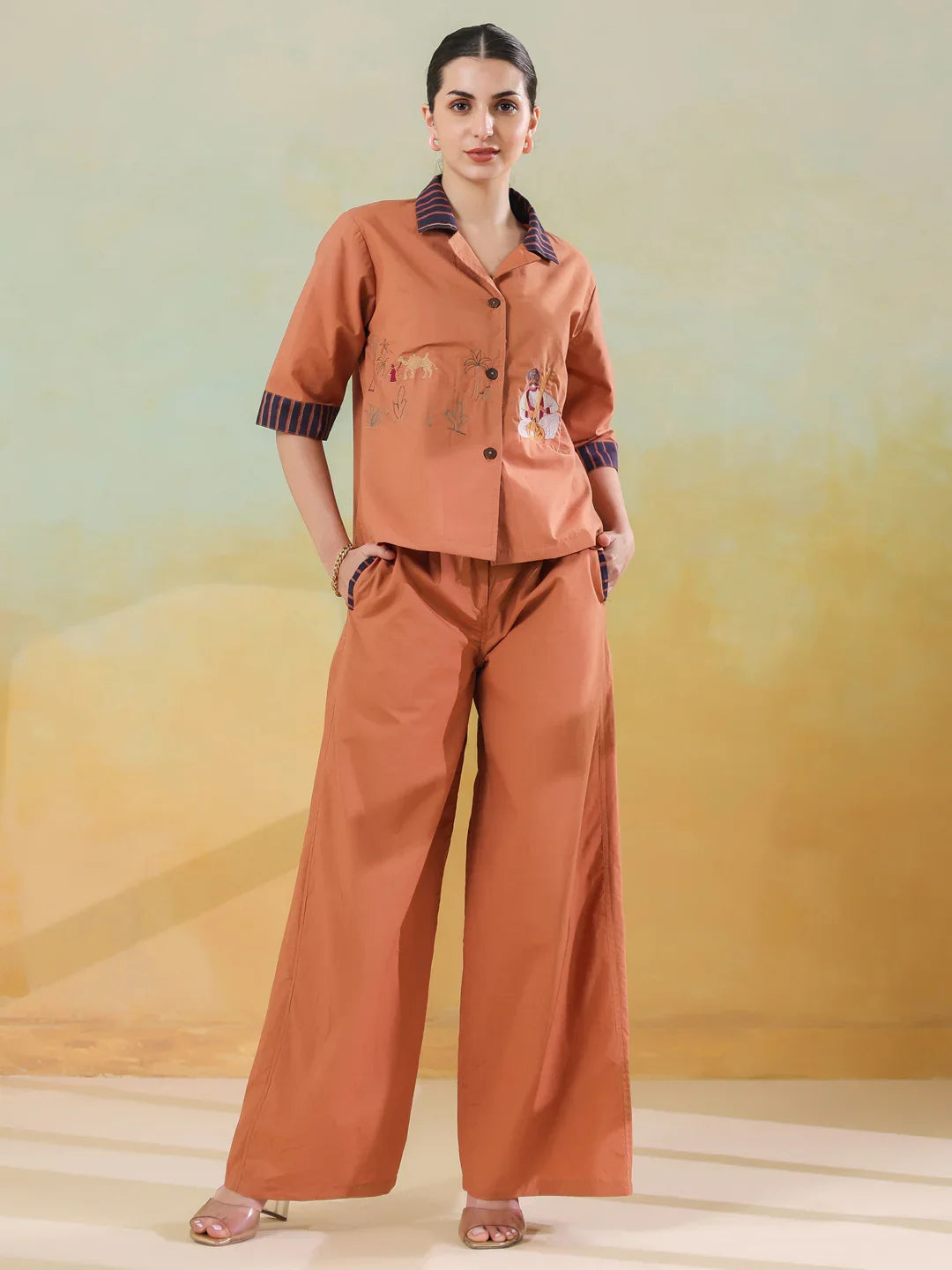 Brown Polyester Shirt Collar Co-Ord Set For Women - SanskrutiHomes