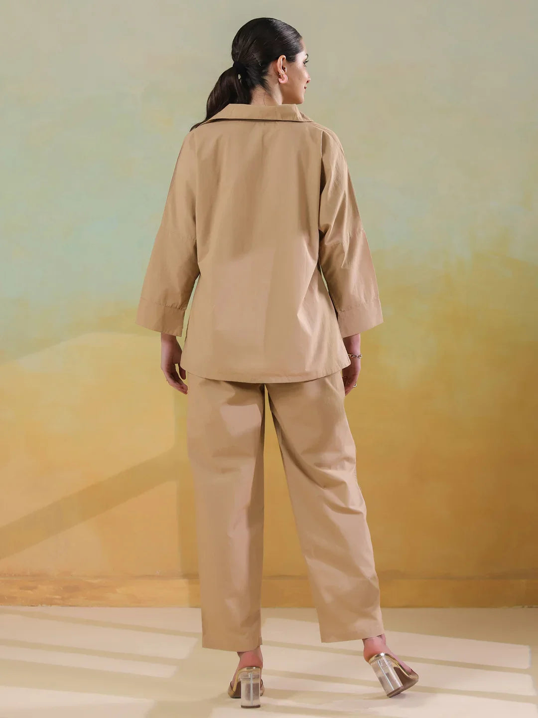 Cream Color Shirt Collar Polyester Co-ords Set for Women - SanskrutiHomes