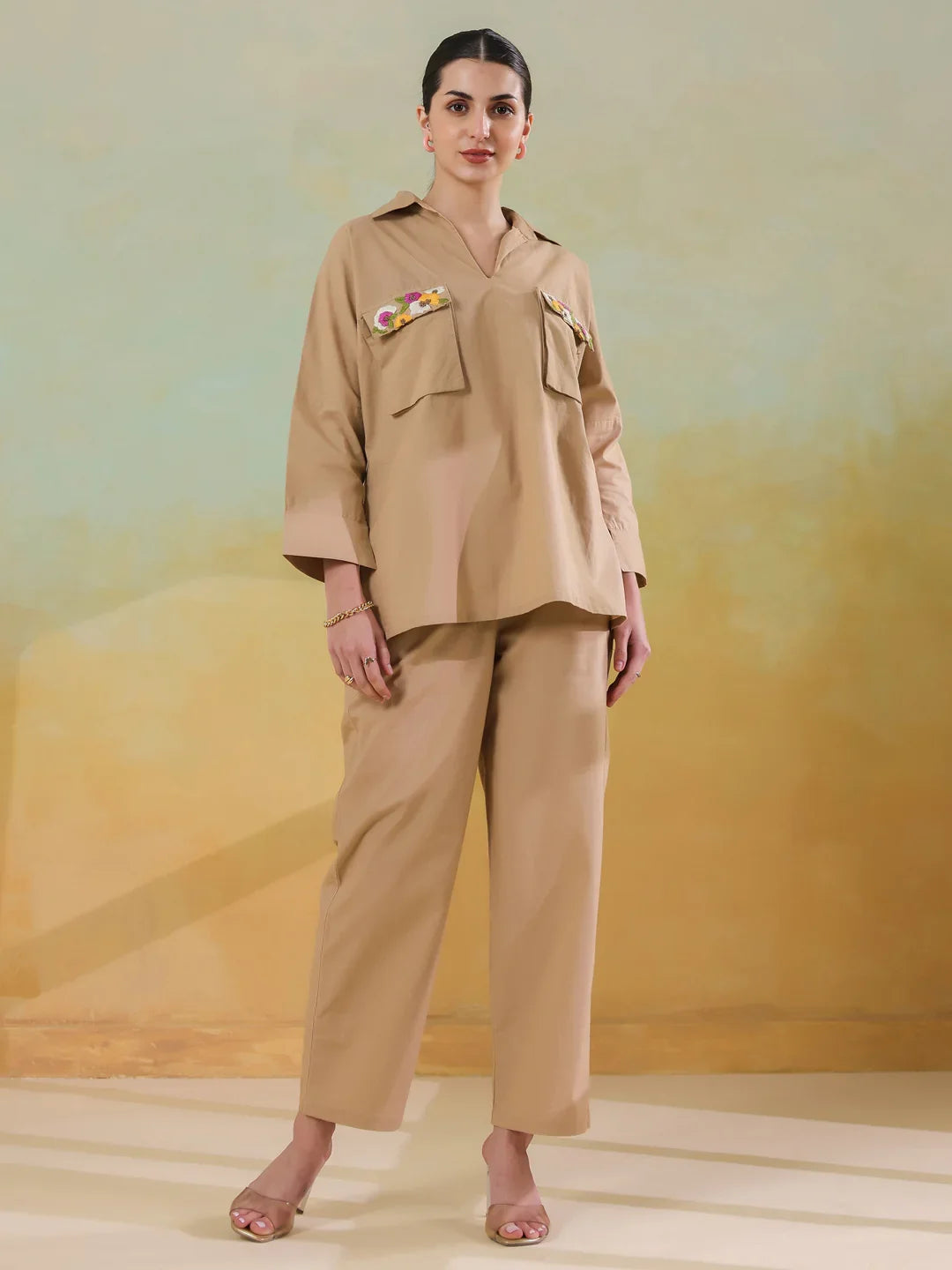 Cream Color Shirt Collar Polyester Co-ords Set for Women - SanskrutiHomes