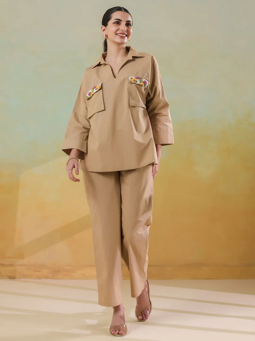 Cream Color Shirt Collar Polyester Co-ords Set for Women - SanskrutiHomes