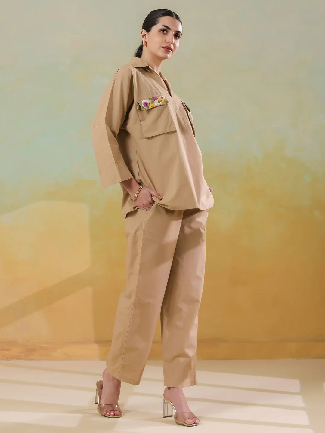 Cream Color Shirt Collar Polyester Co-ords Set for Women - SanskrutiHomes