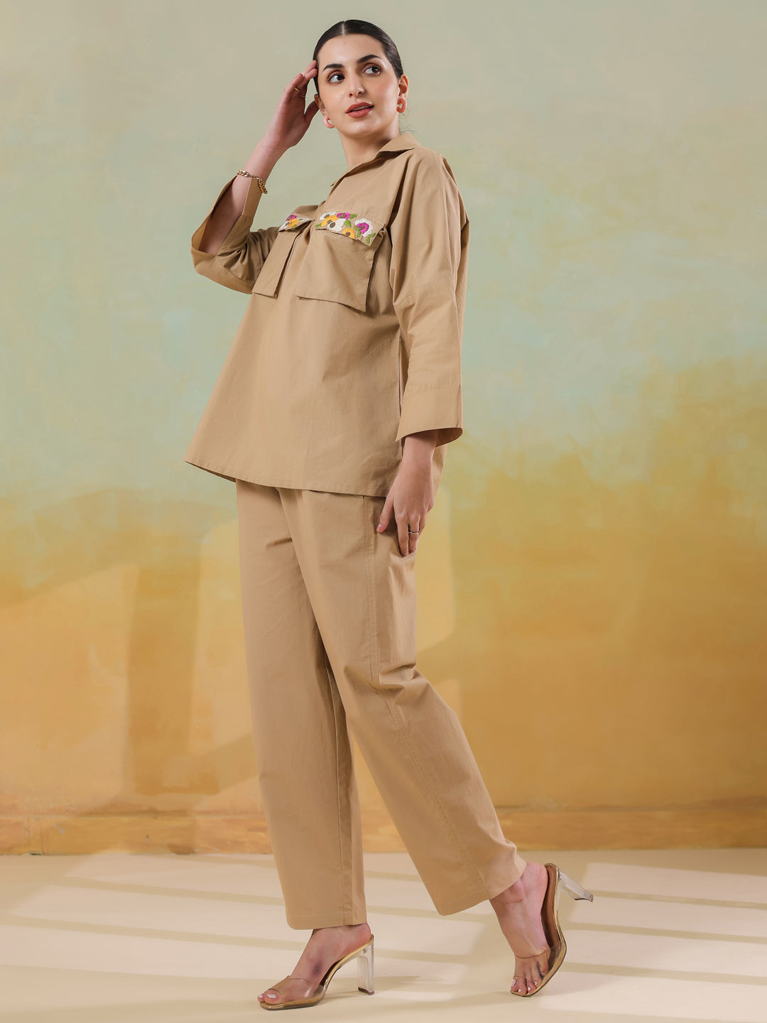 Cream Color Shirt Collar Polyester Co-ords Set for Women