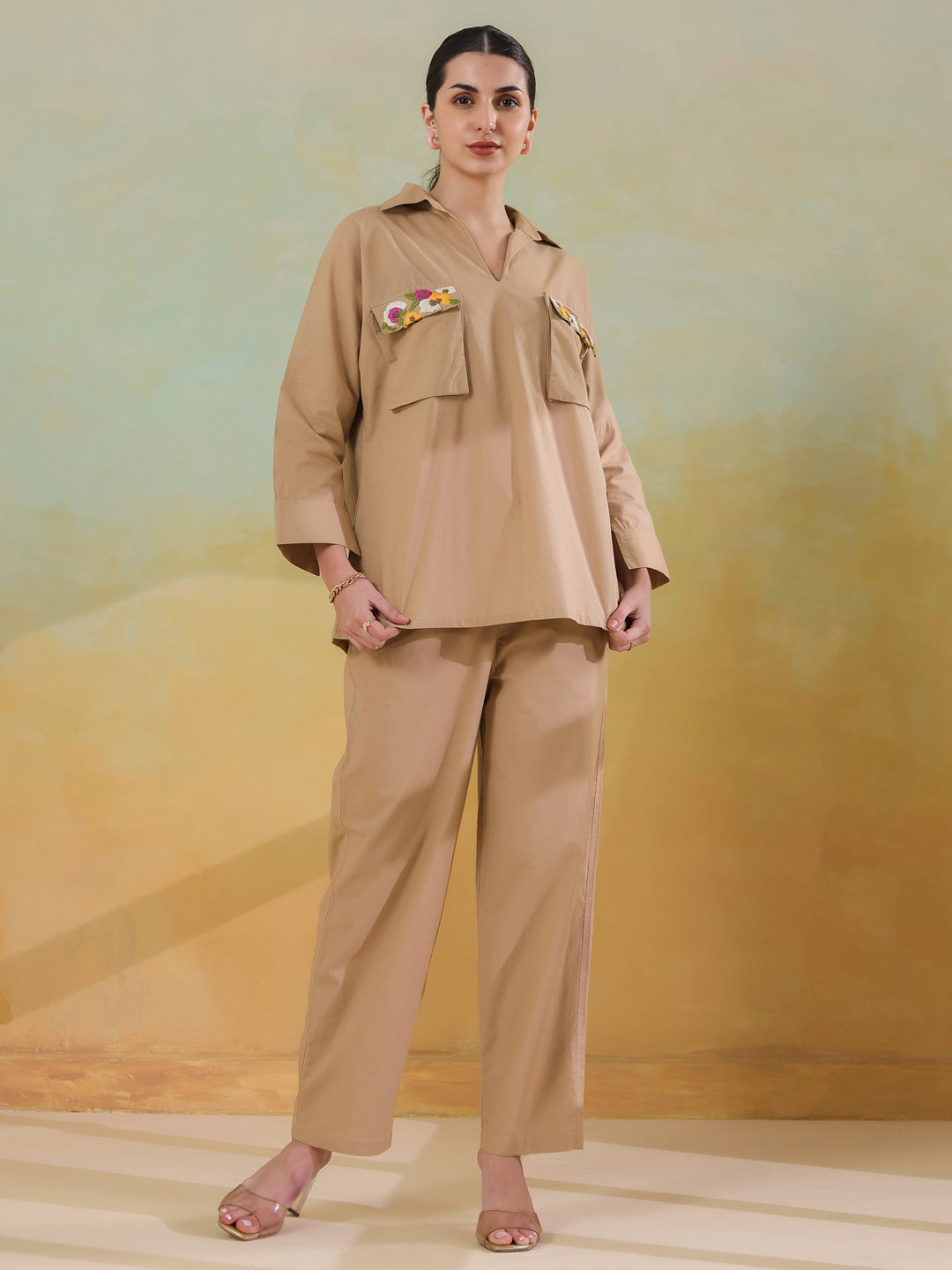 Cream Color Shirt Collar Polyester Co-ords Set for Women