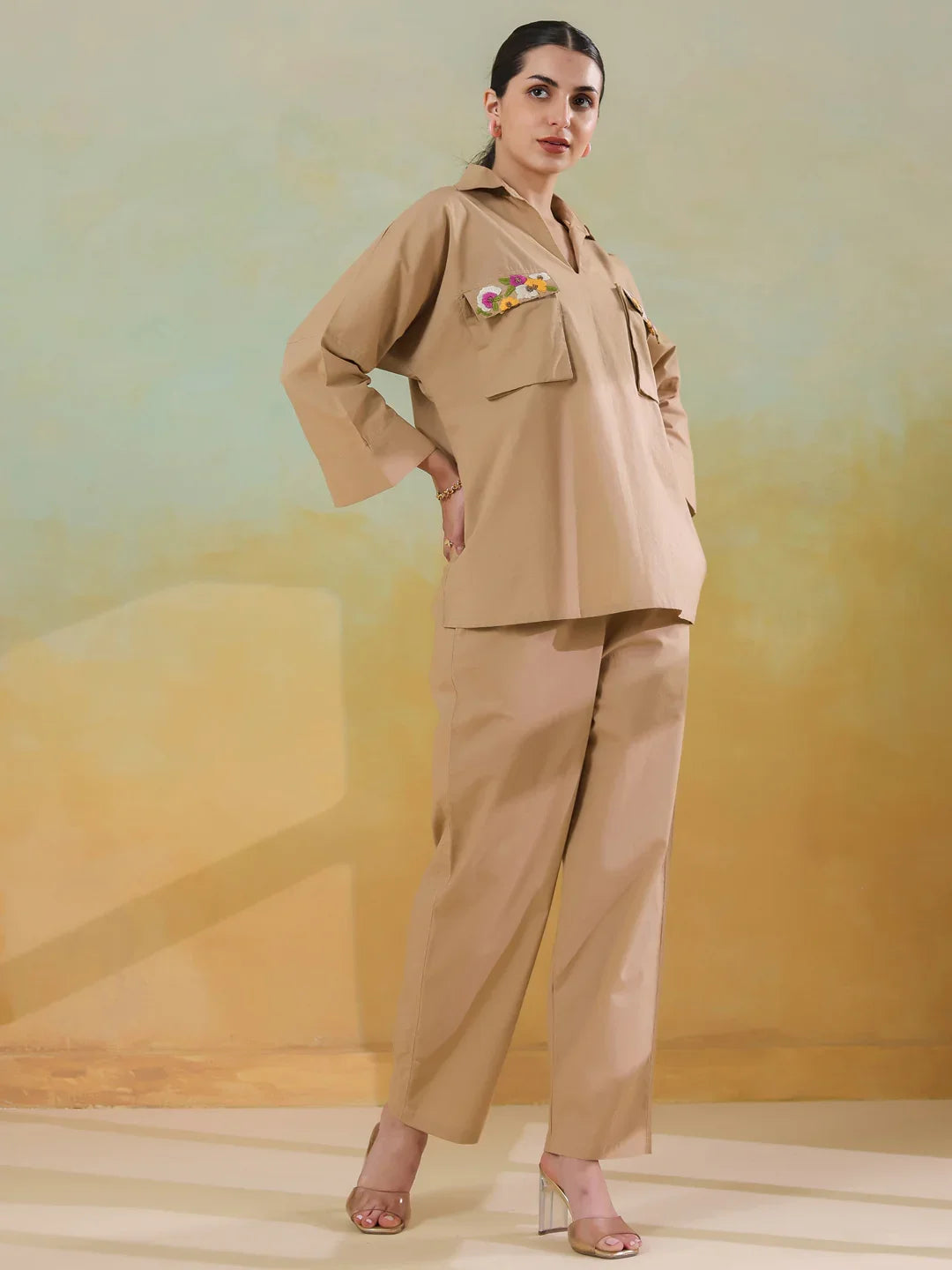 Cream Color Shirt Collar Polyester Co-ords Set for Women - SanskrutiHomes