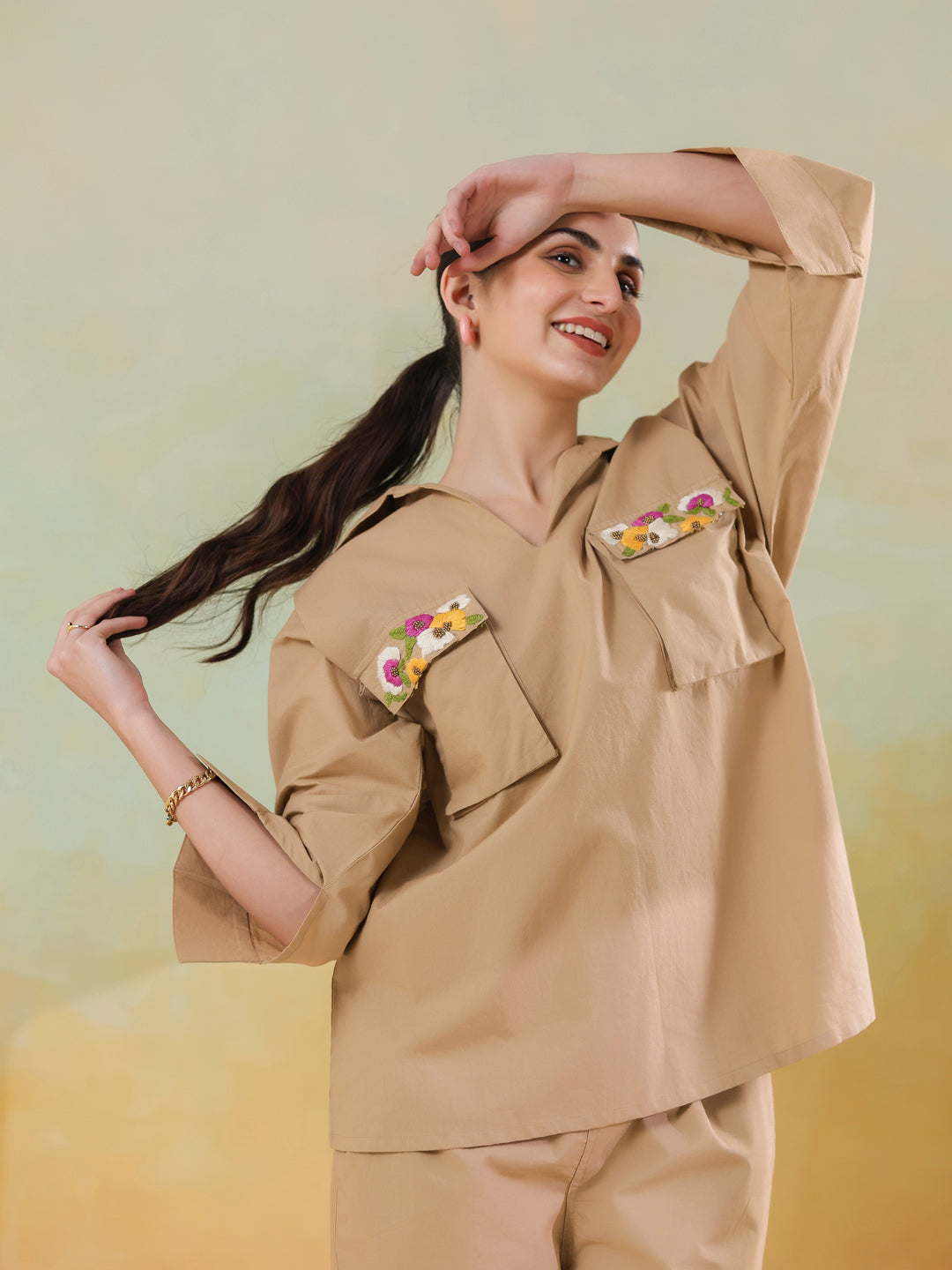 Cream Color Shirt Collar Polyester Co-ords Set for Women