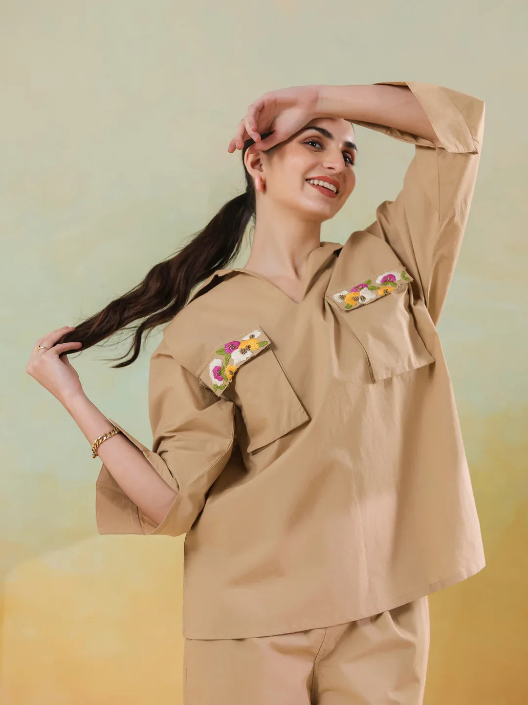 Cream Color Shirt Collar Polyester Co-ords Set for Women - SanskrutiHomes