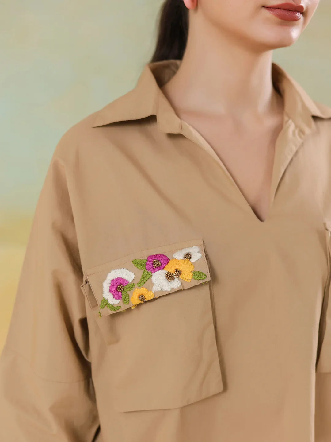 Cream Color Shirt Collar Polyester Co-ords Set for Women - SanskrutiHomes