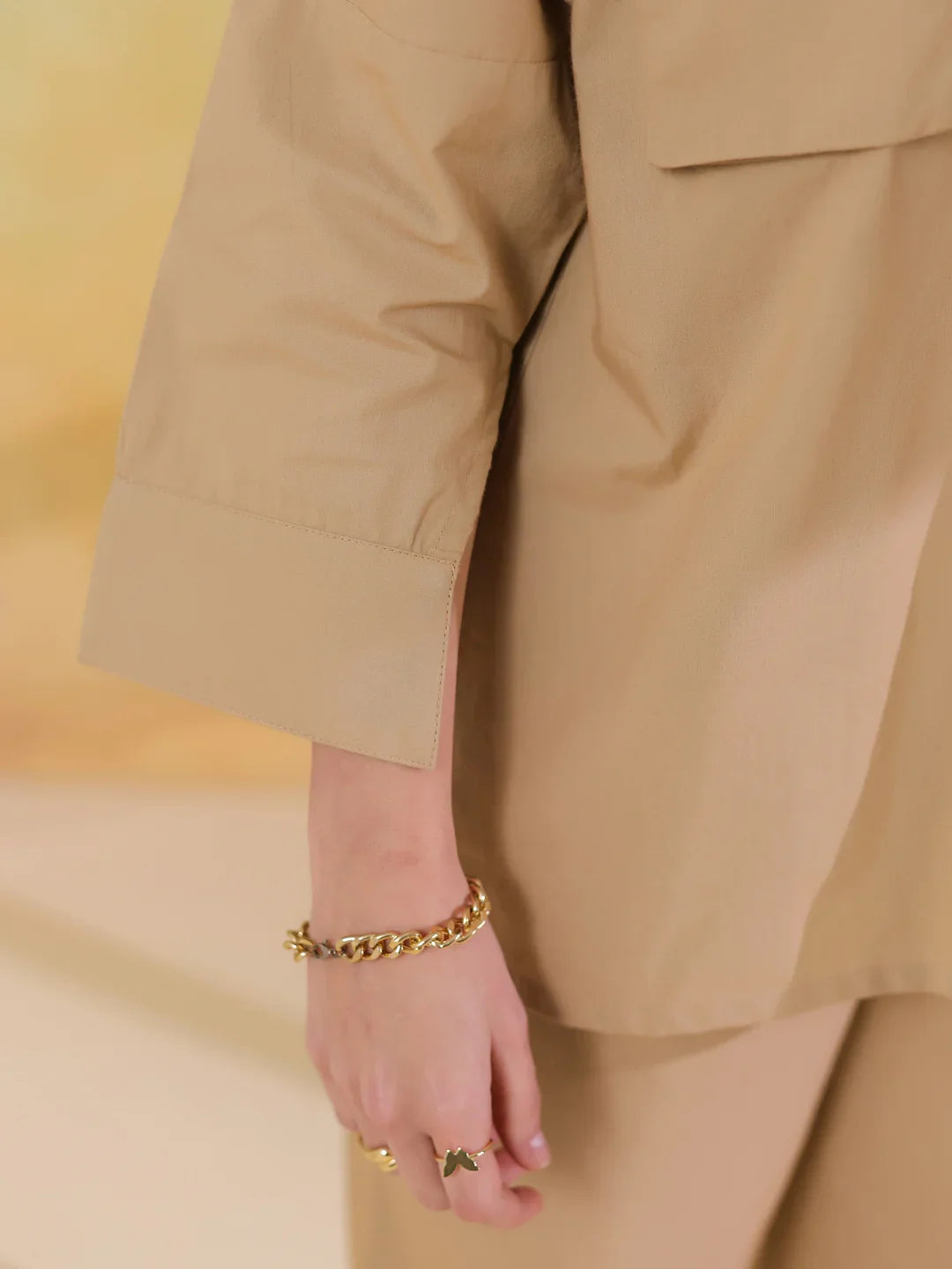 Cream Color Shirt Collar Polyester Co-ords Set for Women - SanskrutiHomes