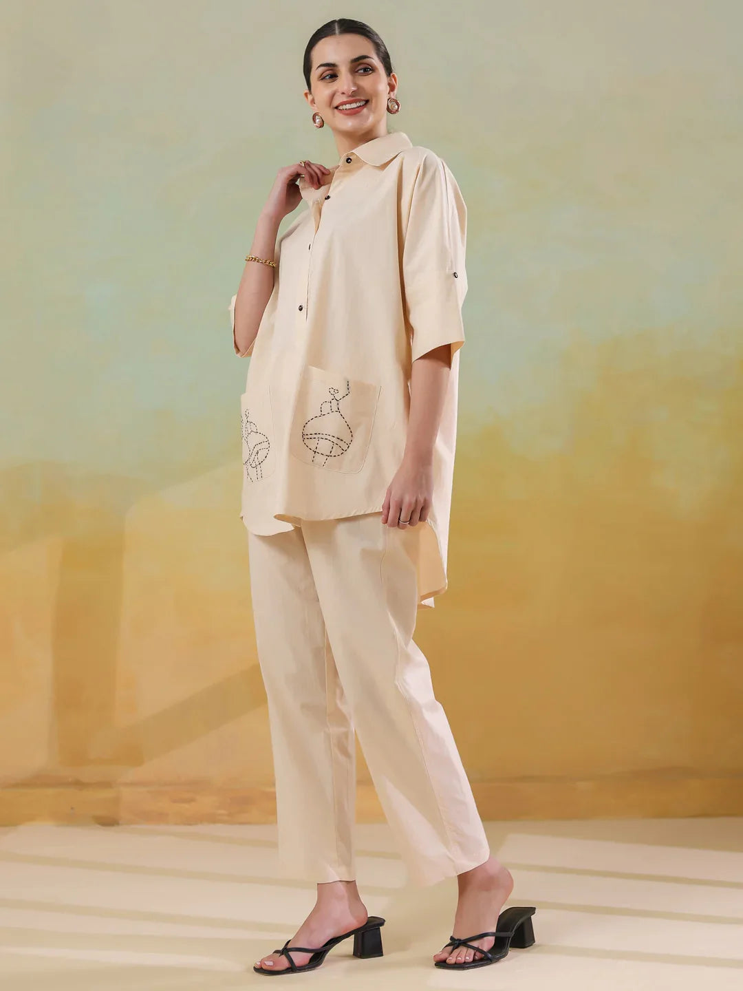 Cream Color Embroidered Co-ords Set for Women - SanskrutiHomes