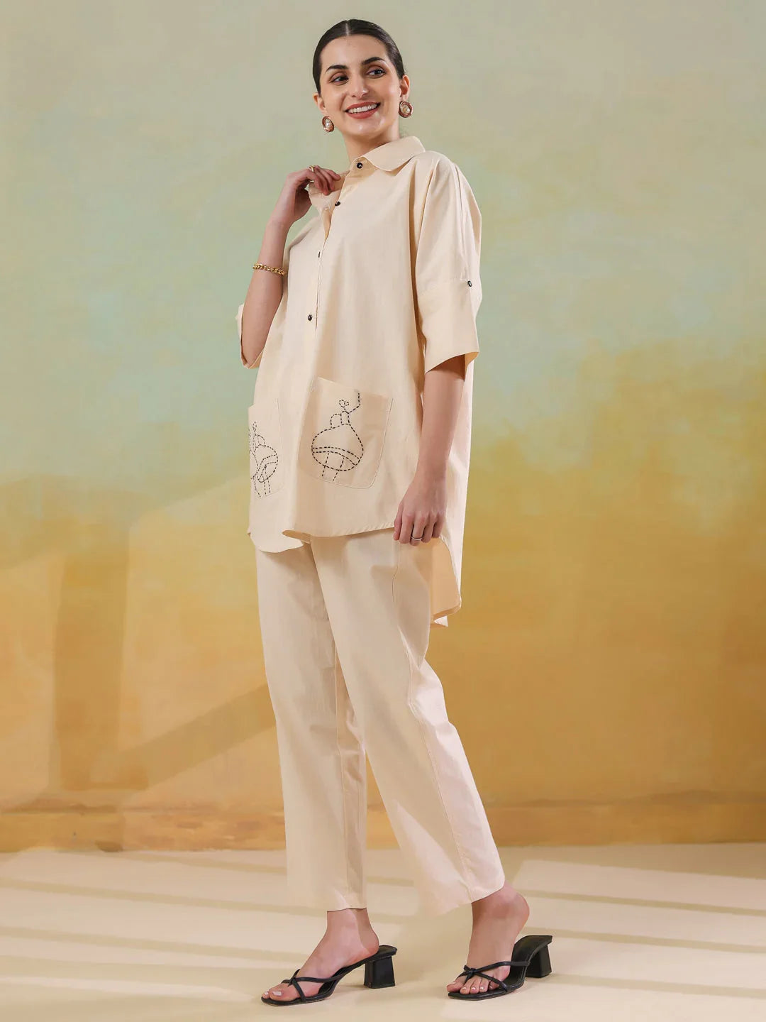 Cream Color Embroidered Co-ords Set for Women - SanskrutiHomes
