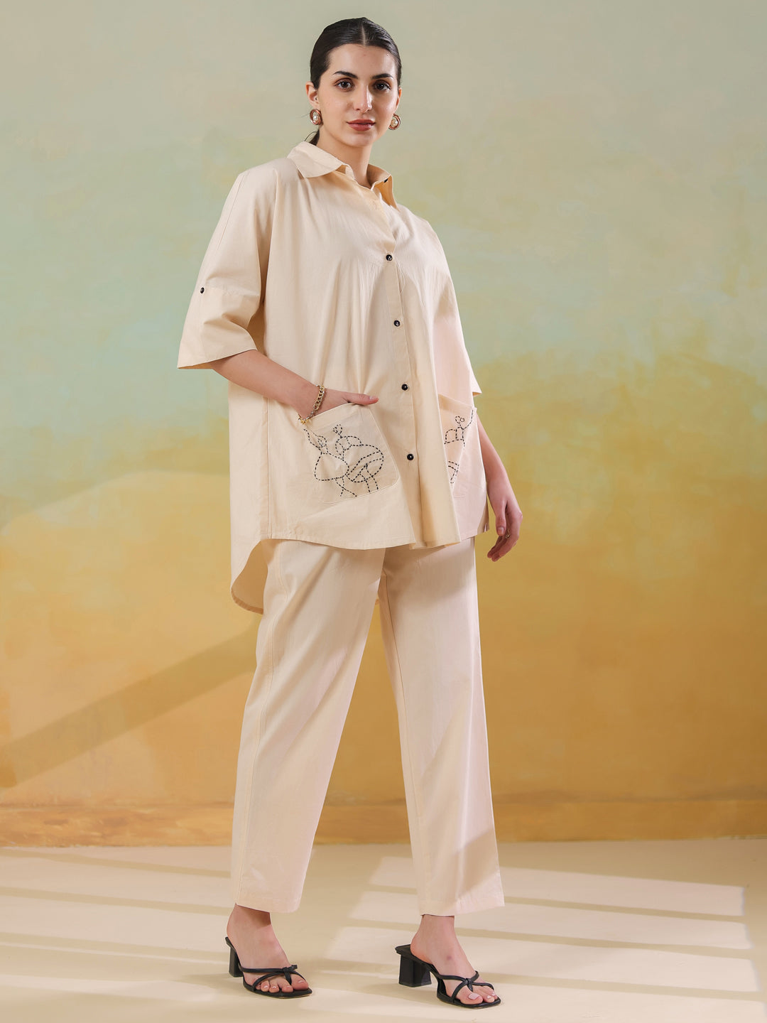 Cream Color Embroidered Co-ords Set for Women