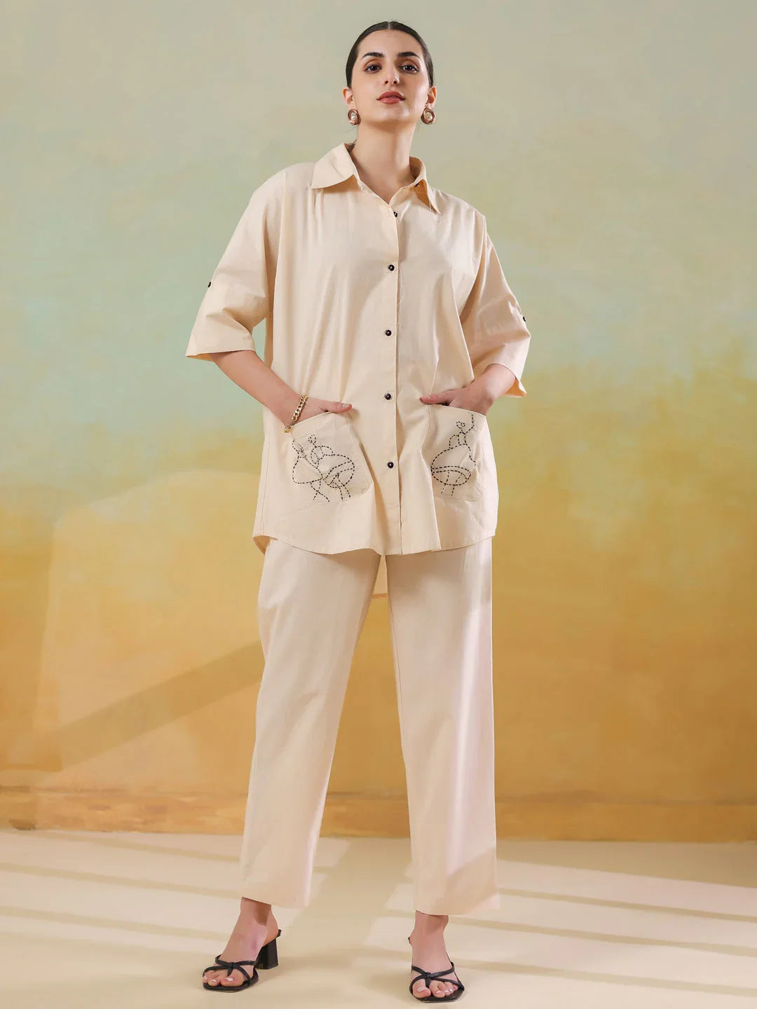 Cream Color Embroidered Co-ords Set for Women - SanskrutiHomes