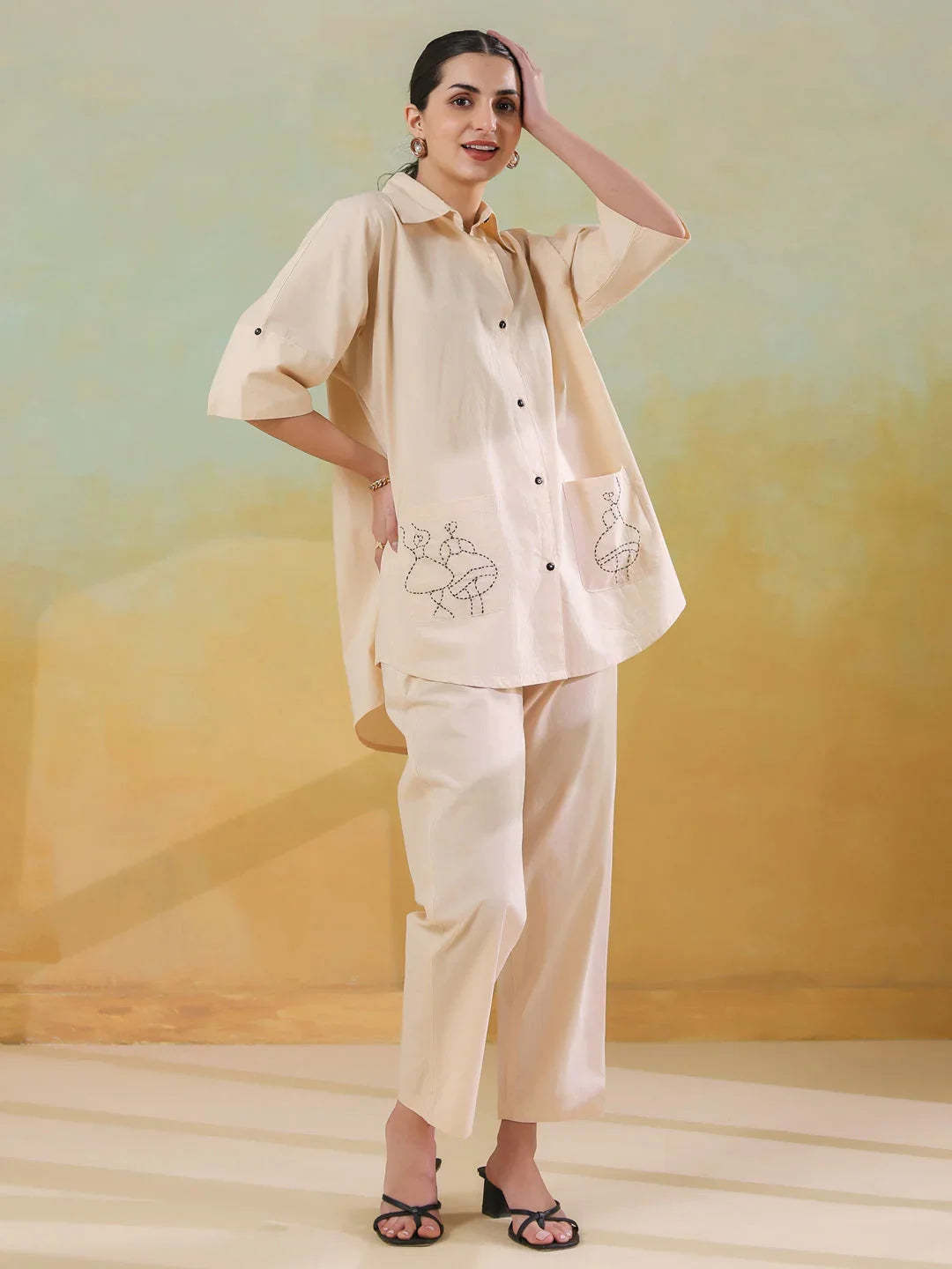Cream Color Embroidered Co-ords Set for Women - SanskrutiHomes
