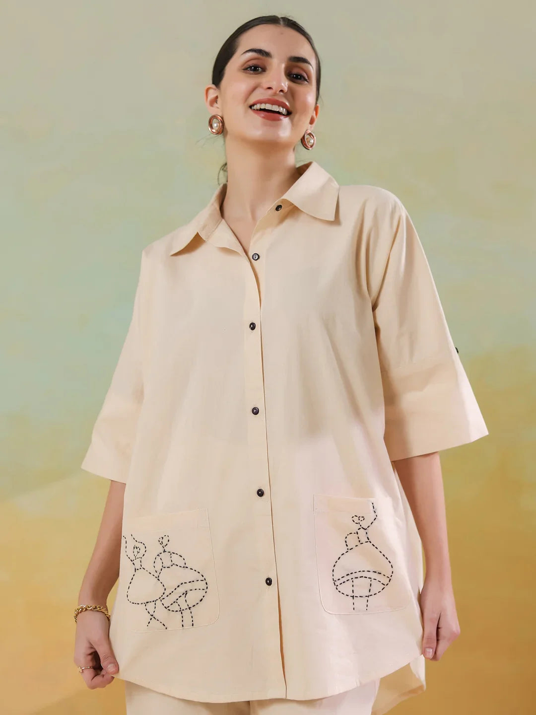 Cream Color Embroidered Co-ords Set for Women - SanskrutiHomes