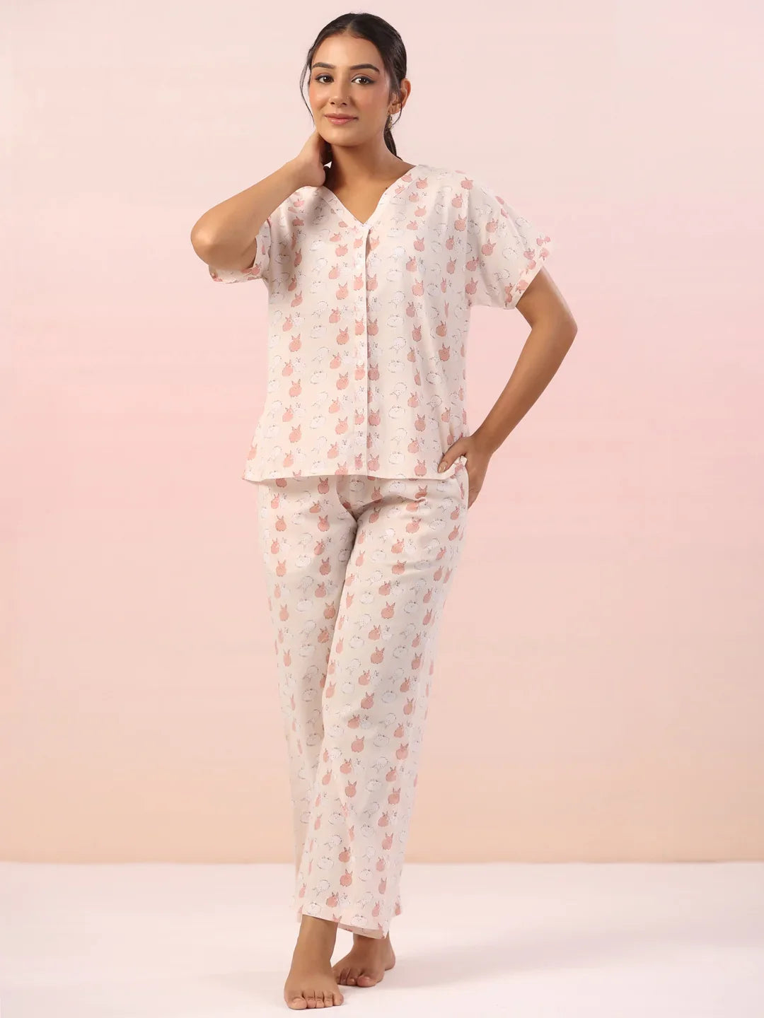 Pink Animal Print Cotton Night Suit - SanskrutiHomes