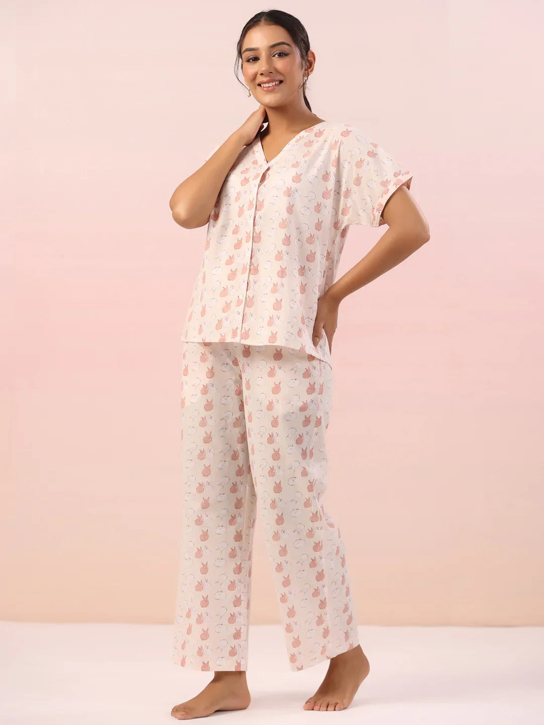 Pink Animal Print Cotton Night Suit - SanskrutiHomes